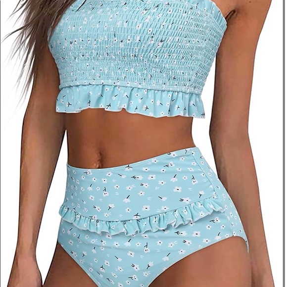 MOOSLOVER Women's Shirred Bandeau Bikini Top High Waisted Bottom 2 P Swimsuits - Picture 7 of 9